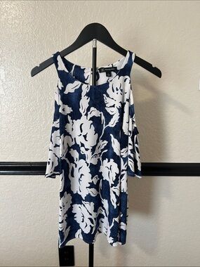INC Navy and White Floral Cold-Shoulder Blouse - Size L